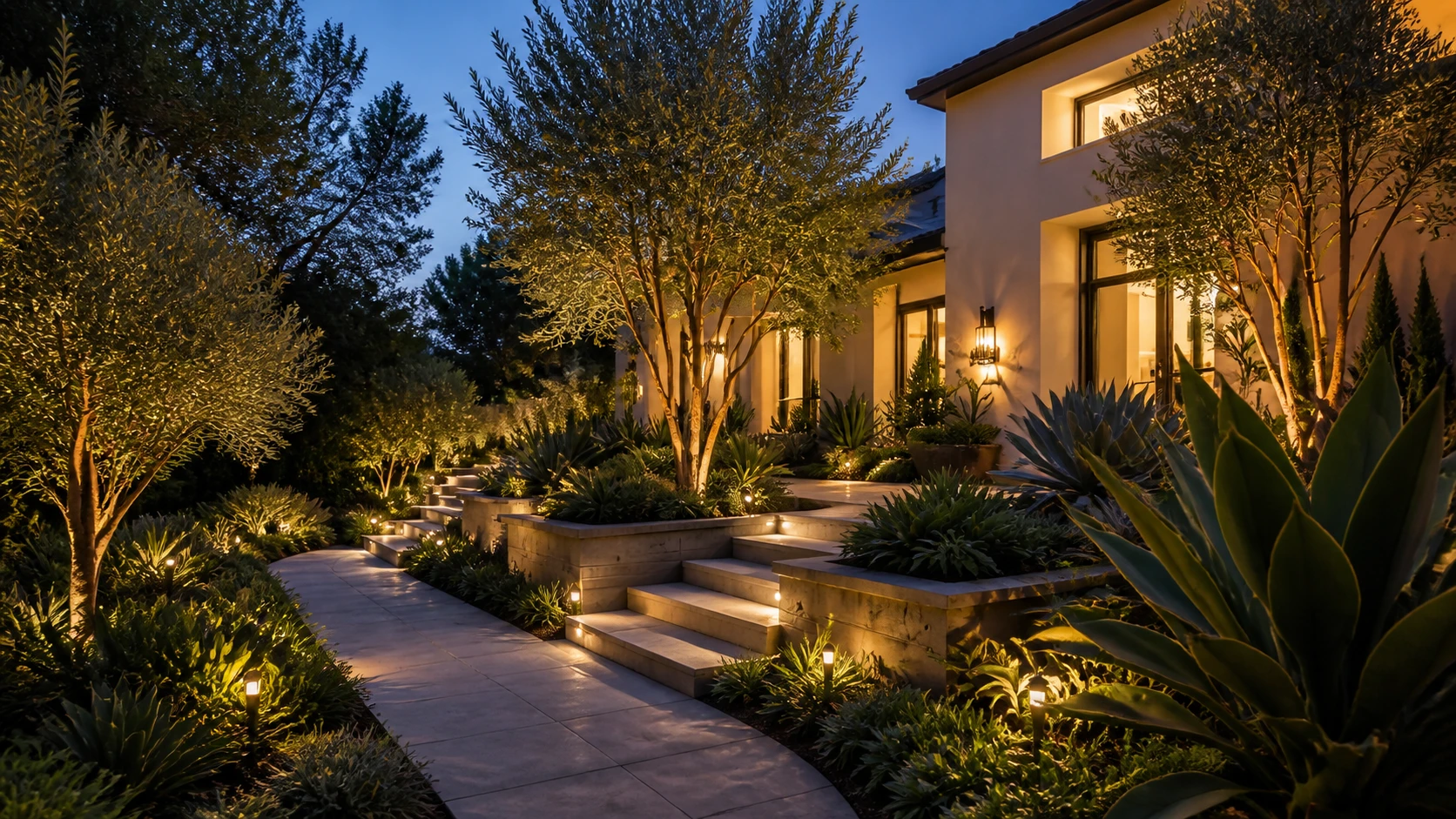 Illuminated Los Angeles landscaping with drought-tolerant plants