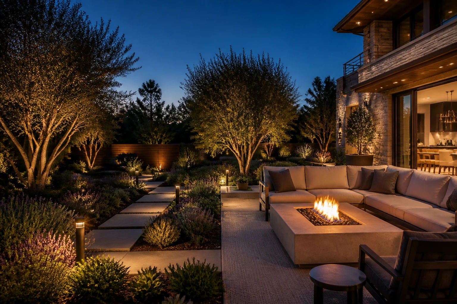 Luxury landscaped residential patio with fire pit